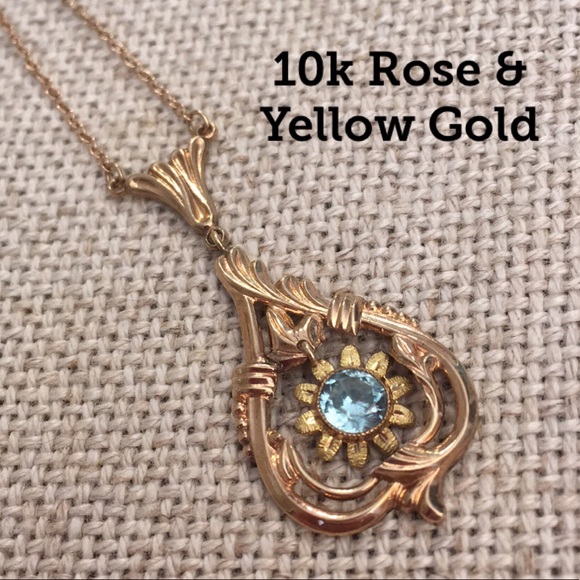10k Rose Gold Jewelry - Vintage 10k Rose Gold Pendant Blue Center Daisy